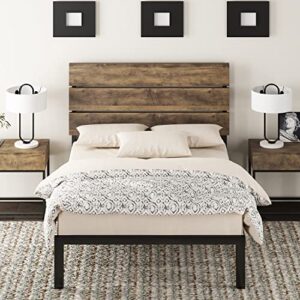 Allewie Twin Size Platform Bed Frame with Wooden headboard and Metal Slats/Rustic Country Style Mattress Foundation/Box Spring Optional/Strong Metal Slats Support/Easy Assembly/Light Brown