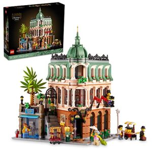 lego icons boutique hotel 10297 modular building display model kit for adults to build, set with 5 detailed rooms including guest rooms and gallery