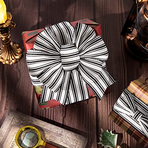 Whaline 2 Rolls Farmhouse Wired Edge Ribbon White Black Striped Fabric Ribbon Craft Ribbon for Christmas DIY Gift Wrapping Wreath Floral Arrangement Bow Decoration,2.5 Inch x 12 Yard