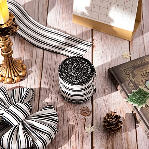 Whaline 2 Rolls Farmhouse Wired Edge Ribbon White Black Striped Fabric Ribbon Craft Ribbon for Christmas DIY Gift Wrapping Wreath Floral Arrangement Bow Decoration,2.5 Inch x 12 Yard