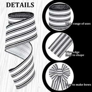 Whaline 2 Rolls Farmhouse Wired Edge Ribbon White Black Striped Fabric Ribbon Craft Ribbon for Christmas DIY Gift Wrapping Wreath Floral Arrangement Bow Decoration,2.5 Inch x 12 Yard