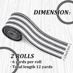 Whaline 2 Rolls Farmhouse Wired Edge Ribbon White Black Striped Fabric Ribbon Craft Ribbon for Christmas DIY Gift Wrapping Wreath Floral Arrangement Bow Decoration,2.5 Inch x 12 Yard