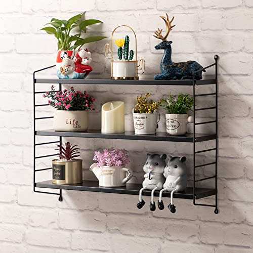 Praktiban Wall Mounted 3 Tier Floating Shelf, Adjustable Hanging Display Shelf Bathroom Shelf, Storage Shelf for Plants, Books and Decorations, Bookshelf for Office, Black