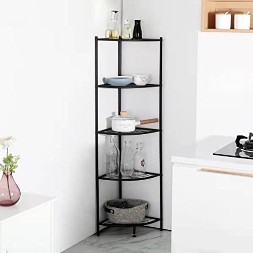 Kimzda 5-Tier Corner Shelf Stand Metal Wire Corner Shelving Display Unit Storage Furniture Multipurpose Space Saving Storage Rack for Living Room, Office, Kitchen, Black