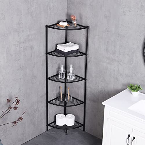 Kimzda 5-Tier Corner Shelf Stand Metal Wire Corner Shelving Display Unit Storage Furniture Multipurpose Space Saving Storage Rack for Living Room, Office, Kitchen, Black