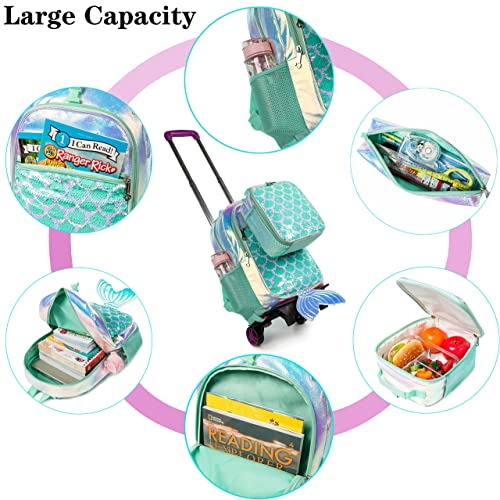 Meetbelify Rolling Backpack for Girls Mermaid Luggage Magic Sequin Suitcase Wheels Trolley Trip Laptop Backpack with Lunch Box for Teen Girls Students