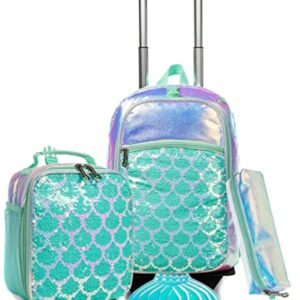 Meetbelify Rolling Backpack for Girls Mermaid Luggage Magic Sequin Suitcase Wheels Trolley Trip Laptop Backpack with Lunch Box for Teen Girls Students