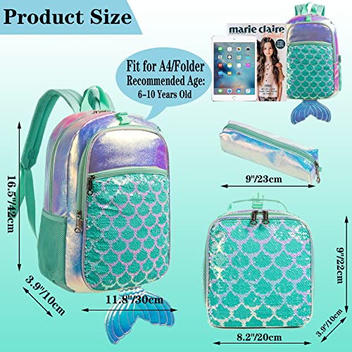 Meetbelify Rolling Backpack for Girls Mermaid Luggage Magic Sequin Suitcase Wheels Trolley Trip Laptop Backpack with Lunch Box for Teen Girls Students