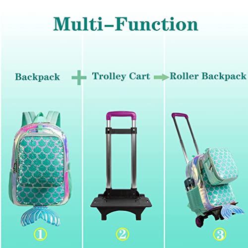 Meetbelify Rolling Backpack for Girls Mermaid Luggage Magic Sequin Suitcase Wheels Trolley Trip Laptop Backpack with Lunch Box for Teen Girls Students