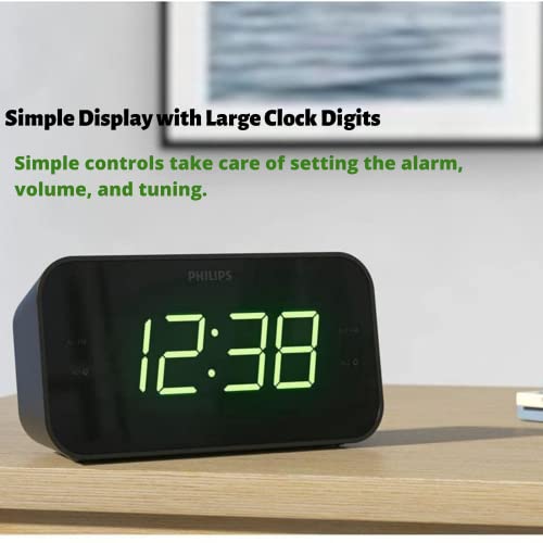 Philips Digital Alarm Clock Radio, FM Radio Alarm Clocks for Bedrooms, Dual Alarm Clock Radios for Bedroom with Battery Backup, Sleep Timer Function, Easy Snooze and Large LED Display - Black