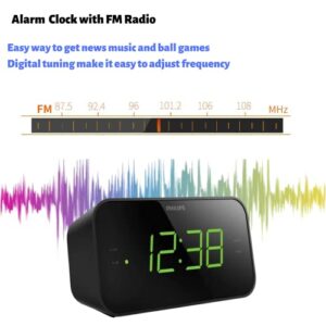 Philips Digital Alarm Clock Radio, FM Radio Alarm Clocks for Bedrooms, Dual Alarm Clock Radios for Bedroom with Battery Backup, Sleep Timer Function, Easy Snooze and Large LED Display - Black