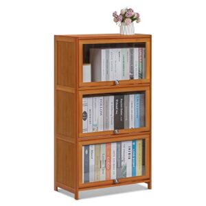 monibloom 3 tier book cabinet with acrylic doors, bamboo display shelf organizer stand for children's student, hallway, home, office, brown