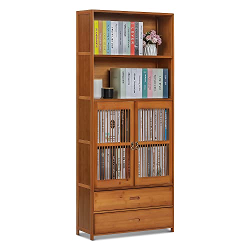 MoNiBloom Bookshelf with 2 Storage Shelves and 2 Drawers, Traditional Freestanding Storage Cabinet with Louvered Doors for Living Room Study Room, Brown