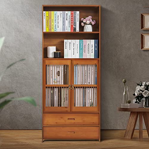 MoNiBloom Bookshelf with 2 Storage Shelves and 2 Drawers, Traditional Freestanding Storage Cabinet with Louvered Doors for Living Room Study Room, Brown