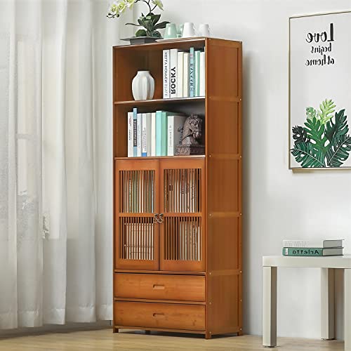 MoNiBloom Bookshelf with 2 Storage Shelves and 2 Drawers, Traditional Freestanding Storage Cabinet with Louvered Doors for Living Room Study Room, Brown