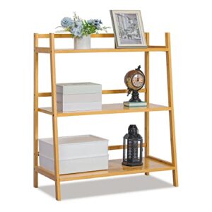 monibloom ladder shelf for plant flower book, bamboo 3-tier trapezoid storage shelf organizer for living room balcony kitchen bathroom home office, natural