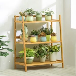 MoNiBloom Ladder Shelf for Plant Flower Book, Bamboo 3-Tier Trapezoid Storage Shelf Organizer for Living Room Balcony Kitchen Bathroom Home Office, Natural