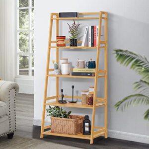 MoNiBloom Ladder Shelf, Bamboo 5 Tier Multi-Functional Book Shelf Storage Rack Organizer, Plants Stand Display Shelf for Living Roon Garden Balcony Bedroom, Natural