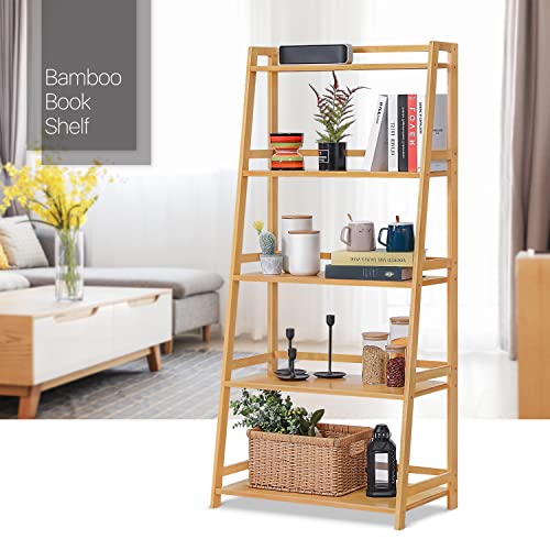 MoNiBloom Ladder Shelf, Bamboo 5 Tier Multi-Functional Book Shelf Storage Rack Organizer, Plants Stand Display Shelf for Living Roon Garden Balcony Bedroom, Natural