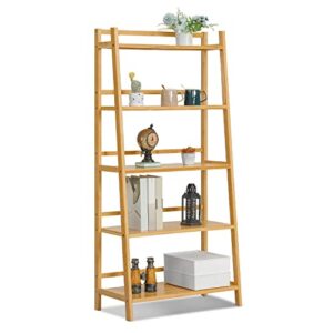 monibloom ladder shelf for plant flower book, bamboo 5-tier trapezoid storage shelf organizer for living room patio kitchen bathroom home office, natural