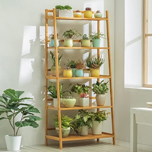 MoNiBloom Ladder Shelf for Plant Flower Book, Bamboo 5-Tier Trapezoid Storage Shelf Organizer for Living Room Patio Kitchen Bathroom Home Office, Natural