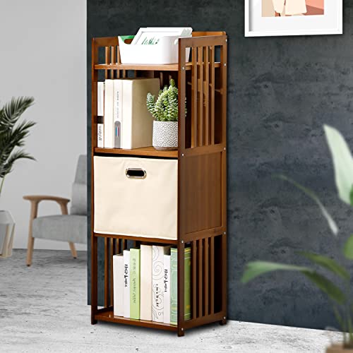 MoNiBloom 4 Tier Bookcase with Removable Storage Box, Bamboo Freestanding Ventilated Bookshelf Display Shelf for Office Living Room Bedroom Kitchen, Brown