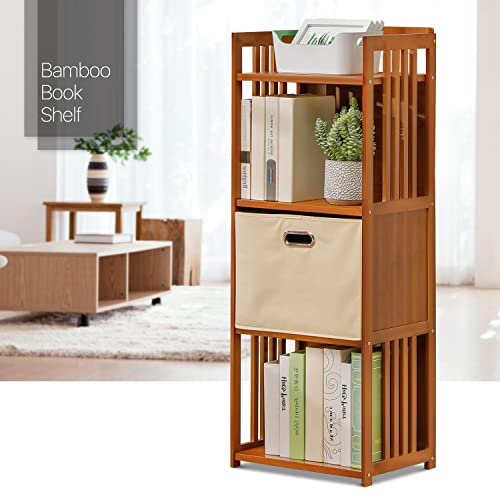 MoNiBloom 4 Tier Bookcase with Removable Storage Box, Bamboo Freestanding Ventilated Bookshelf Display Shelf for Office Living Room Bedroom Kitchen, Brown