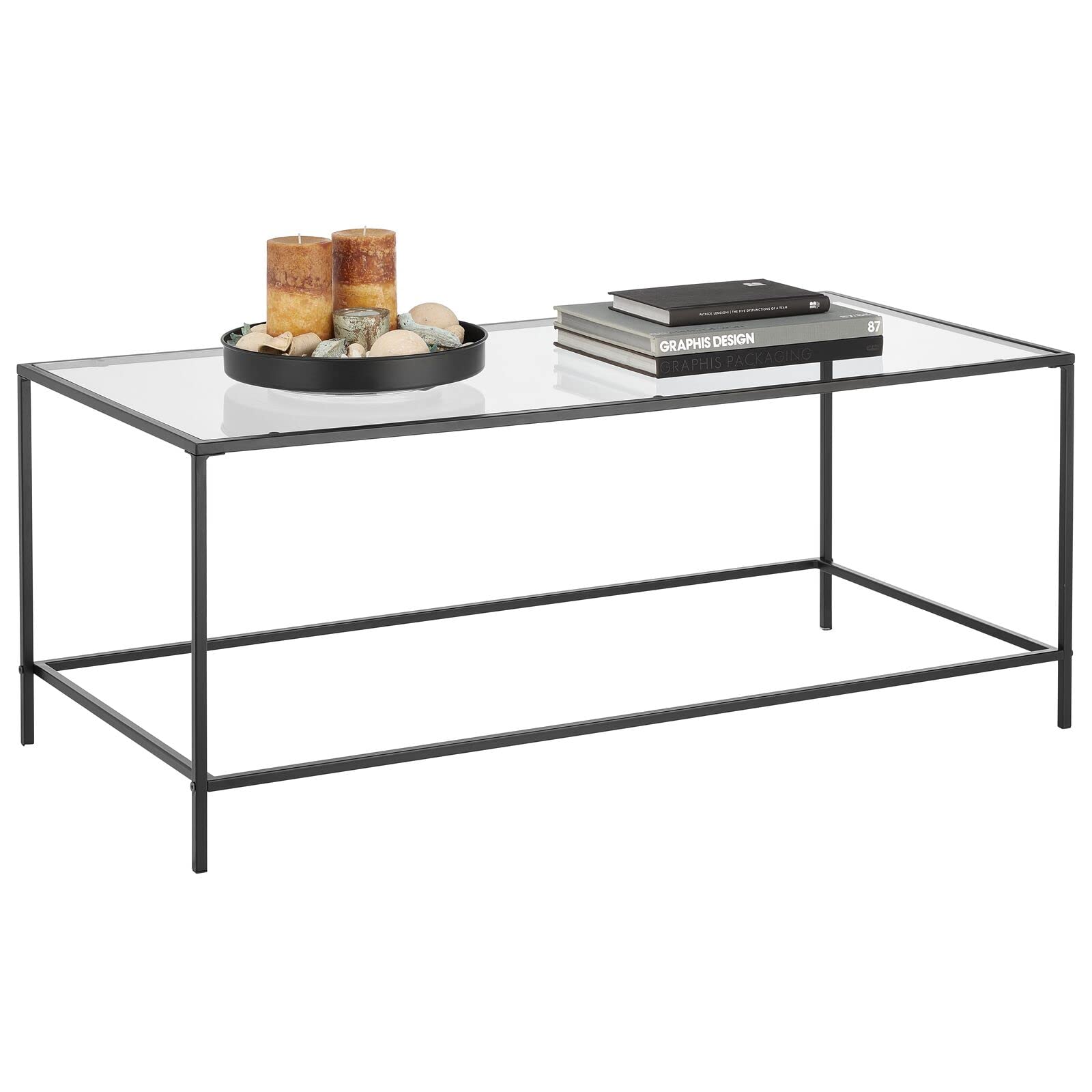 mDesign Glass Top Coffee Table - Large Minimalistic Rectangular Geometric Metal Accent Furniture Unit for Living Room, Basement, Home Office, Garage, and Bedroom - Black