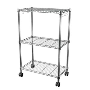 storage shelves, 3 tier shelf adjustable wire shelving unit, sturdy steel metal shelves heavy duty shelving rolling cart with casters for garage, kitchen, living room, bathroom, 23.6l x 13.8w x 35.4h