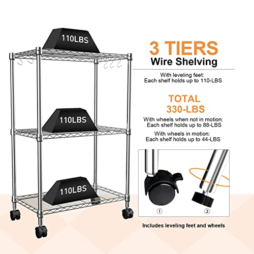 Storage Shelves, 3 Tier Shelf Adjustable Wire Shelving Unit, Sturdy Steel Metal Shelves Heavy Duty Shelving Rolling Cart with Casters for Garage, Kitchen, Living Room, Bathroom, 23.6L X 13.8W X 35.4H