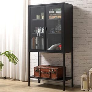matico metal storage cabinet, 59"(h) x30(l), freestanding pantry locker, accent display bookcase with glass doors, modern organizer cupboard for office, living room, kitchen console sideboard, black