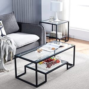 black metal glass coffee table - simple center coffee table for living room home, metal frame coffee table with 2 shelves,modern table for bedroom, dinning room,office decor