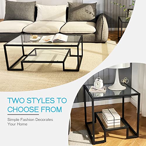 Black Metal Glass Coffee Table - Simple Center Coffee Table for Living Room Home, Metal Frame Coffee Table with 2 Shelves,Modern Table for Bedroom, Dinning Room,Office Decor