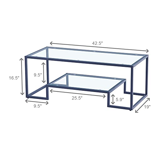 Black Metal Glass Coffee Table - Simple Center Coffee Table for Living Room Home, Metal Frame Coffee Table with 2 Shelves,Modern Table for Bedroom, Dinning Room,Office Decor