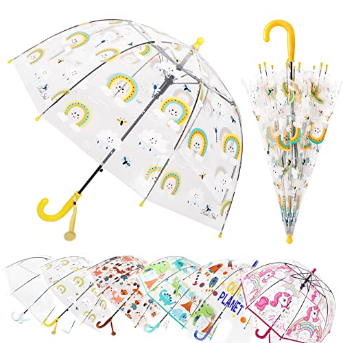 MRTLLOA Kids Rainbow Clear Bubble Umbrella, Toddler Grip Curved Handle Stick Rain Umbrella