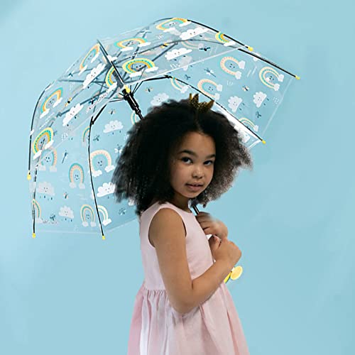 MRTLLOA Kids Rainbow Clear Bubble Umbrella, Toddler Grip Curved Handle Stick Rain Umbrella