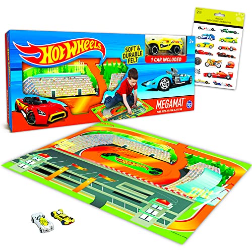 Hot Wheels Kids Hot Wheels Mega Mat with Vehicle - Bundle with Hot Wheels Playmat with Vehicle and 4 Racecar Sticker Sheets (Car Playmat for Boys)