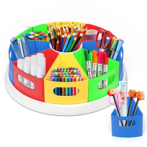 JoinJoy Rotating Desk Organizer for Kids - Homeschool Organizers and Storage - Kids Art Supply Storage with Sturdy Spin Base and 9 Removable Containers – Colorful Design – Easy to Use (Multicolored)