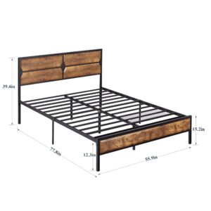 VECELO Full Bed Frame Metal Platform with Wooden Headboard & Footboard Mattress Foundation Strong Metal Slats Support No Box Spring Replacement/Easy Assemble