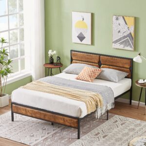 VECELO Full Bed Frame Metal Platform with Wooden Headboard & Footboard Mattress Foundation Strong Metal Slats Support No Box Spring Replacement/Easy Assemble