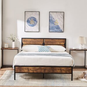 VECELO Full Bed Frame Metal Platform with Wooden Headboard & Footboard Mattress Foundation Strong Metal Slats Support No Box Spring Replacement/Easy Assemble