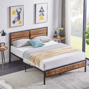 VECELO Full Bed Frame Metal Platform with Wooden Headboard & Footboard Mattress Foundation Strong Metal Slats Support No Box Spring Replacement/Easy Assemble