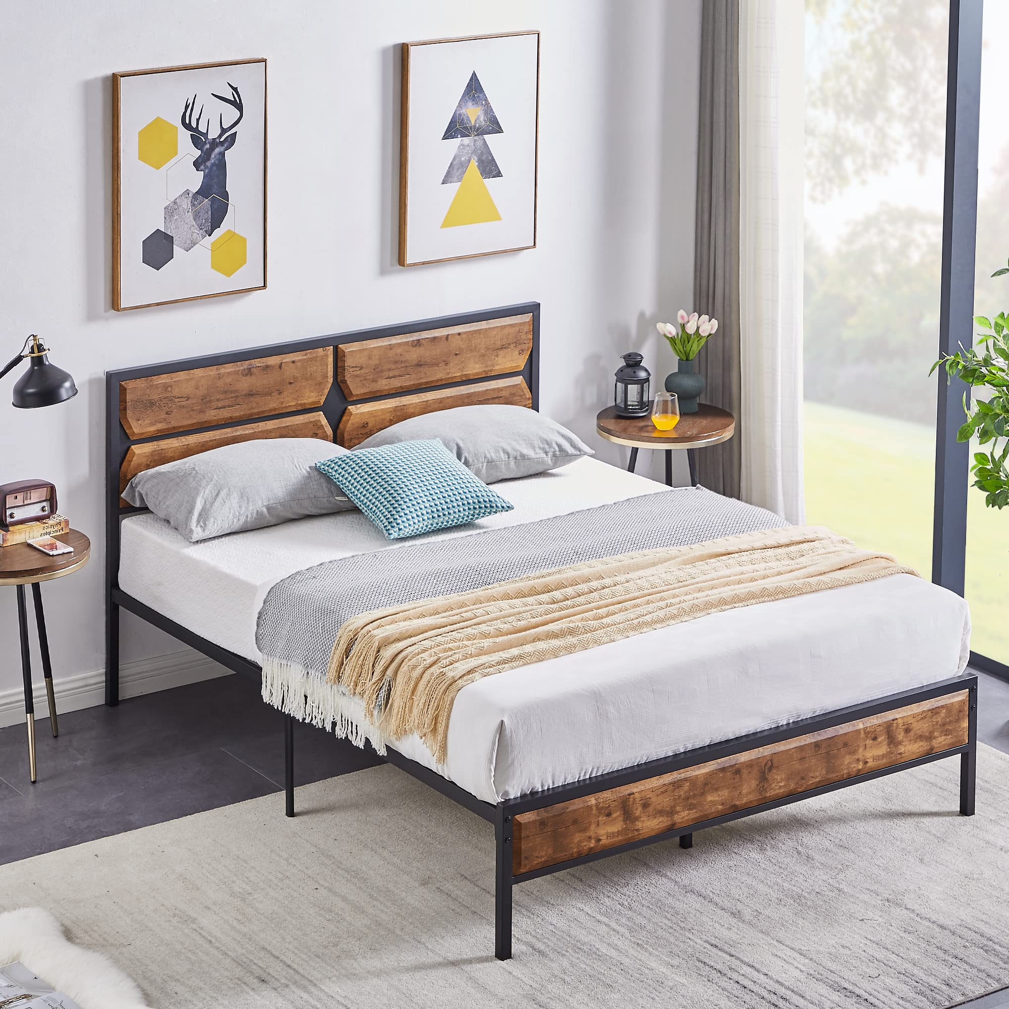 VECELO Full Bed Frame Metal Platform with Wooden Headboard & Footboard Mattress Foundation Strong Metal Slats Support No Box Spring Replacement/Easy Assemble