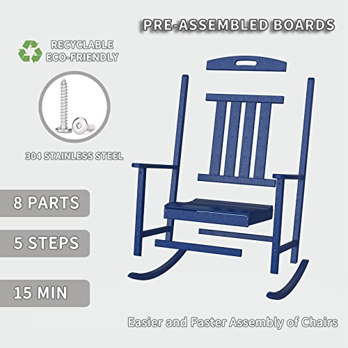 POLYDUN Patio Rocking Chairs, Poly Lumber Rocking Chairs for Outside with High Back, Wide Rocking Chair Outdoor, All-Weather Front Porch Rocker for Both Outdoor and Indoor, Navy Blue