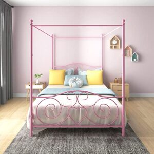 albearing canopy bed frame platform metal bed frame heavy duty steel slat and support with headboard and footboard no box spring required (queen, pink)