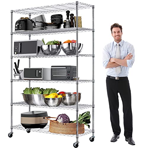 Hkeli 6 Tier Storage Metal Shelf 82''x48''x18'' Sturdy Steel Heavy Duty Wire Shelving Unit with Wheels Commercial NSF Rack for Restaurant Garage Pantry Kitchen Office