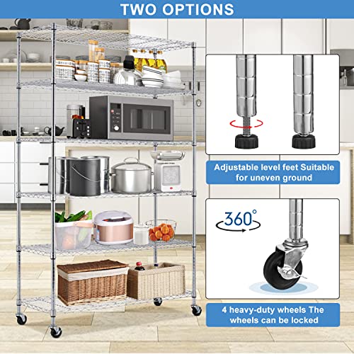 Hkeli 6 Tier Storage Metal Shelf 82''x48''x18'' Sturdy Steel Heavy Duty Wire Shelving Unit with Wheels Commercial NSF Rack for Restaurant Garage Pantry Kitchen Office