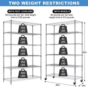 Hkeli 6 Tier Storage Metal Shelf 82''x48''x18'' Sturdy Steel Heavy Duty Wire Shelving Unit with Wheels Commercial NSF Rack for Restaurant Garage Pantry Kitchen Office