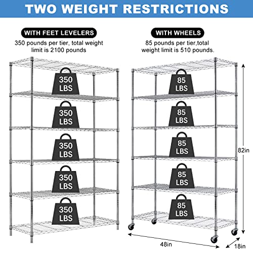 Hkeli 6 Tier Storage Metal Shelf 82''x48''x18'' Sturdy Steel Heavy Duty Wire Shelving Unit with Wheels Commercial NSF Rack for Restaurant Garage Pantry Kitchen Office