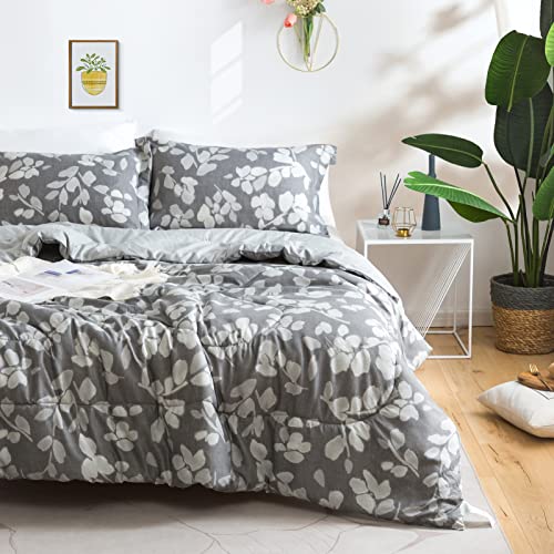 KACEMOO Bed Set Queen Size Comforter Set - 3pc, Grey Leaves Print Neutral Comforters, Hypoallergenic Down Alternative Reversible Comforter, Bed-in-a-Bag Soft Double Microfiber Inner Fill Duvet Sets